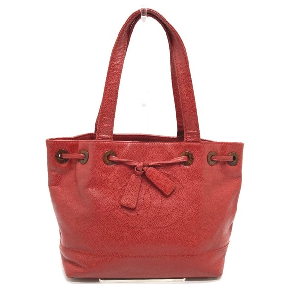 CHANEL Handbags - CHANEL Vintage Red Caviar Leather Logo Tote Bag